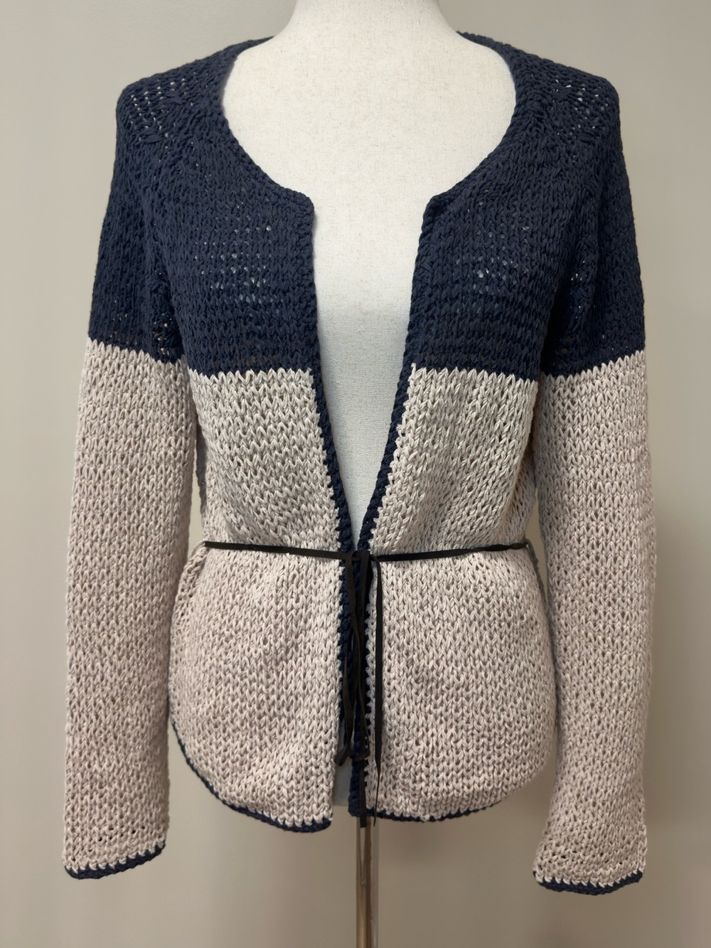 Ulla Johnson Navy and Cream Open Knit Cardigan with Tie Belt | Size Large